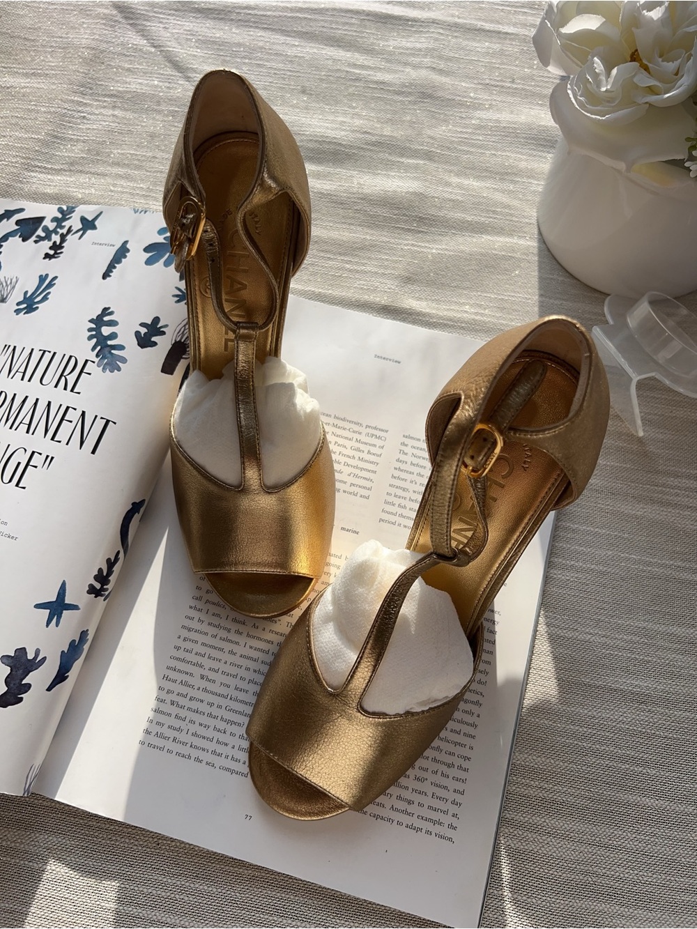 Chanel Metallic Gold T Strap CC Pearl Wedge Sandals Heels